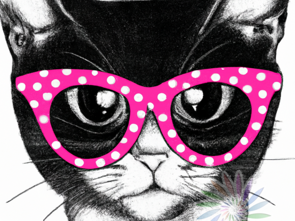 Black and White Drawing of Cat Wearing Pink Glasses - A