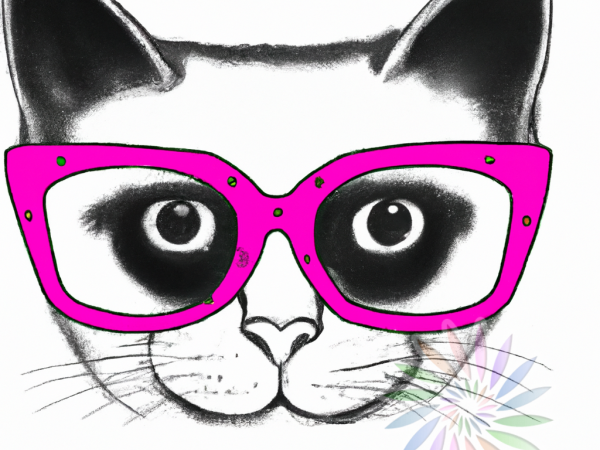 Black and White Drawing of Cat Wearing Pink Glasses - B