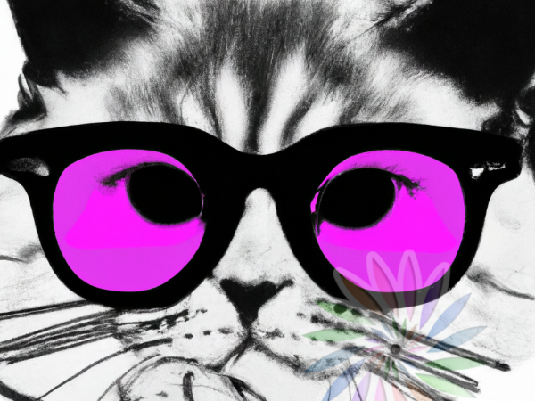 Black and White Drawing of Cat Wearing Pink Glasses-DD