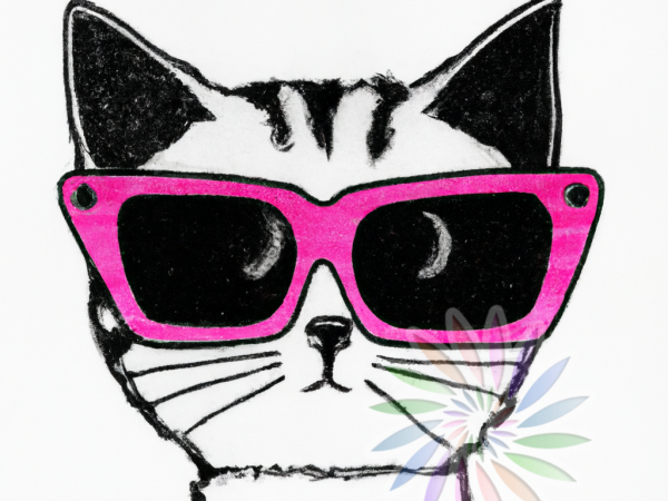 Black and White Drawing of Cat Wearing Pink Glasses-BB