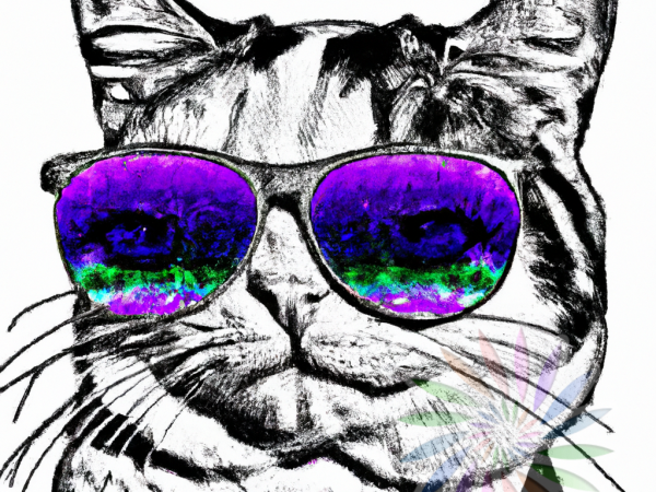 Black and White Drawing of Cat Wearing Purple Glasses-A