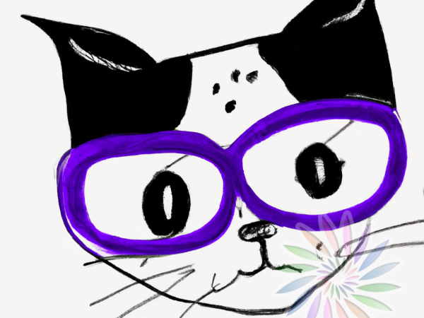 Black and White Drawing of Cat Wearing Purple Glasses-B
