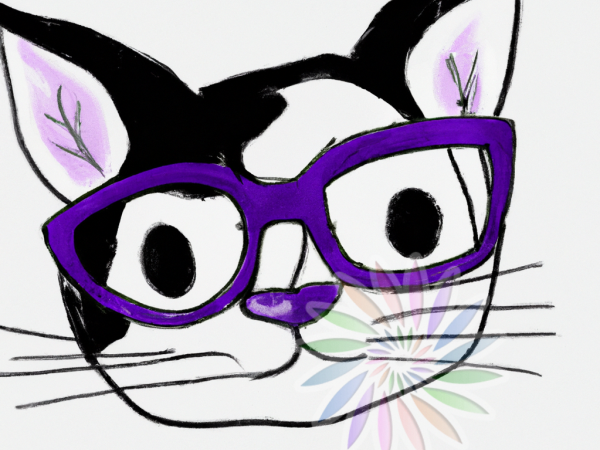 Black and White Drawing of Cat Wearing Purple Glasses-C