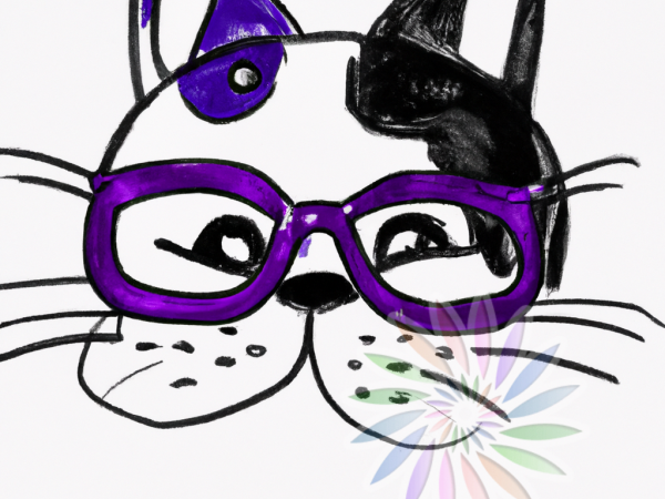 Black and White Drawing of Cat Wearing Purple Glasses-D