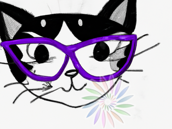 Black and White Drawing of Cat Wearing Purple Glasses-E