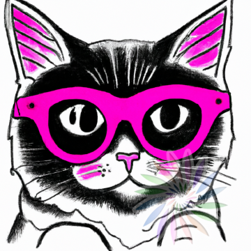 Black and White Drawing of Cat Wearing Pink Glasses-CC Black and White Drawing of Cat Wearing Pink Glasses-CC
