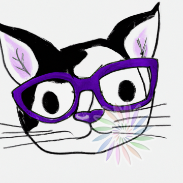 Black and White Drawing of Cat Wearing Purple Glasses-C