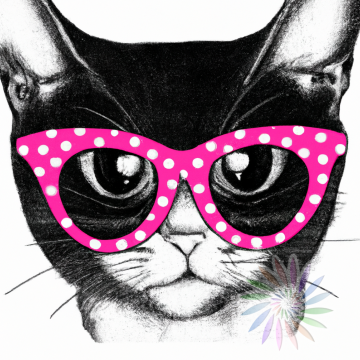 Black and White Drawing of Cat Wearing Pink Glasses - A