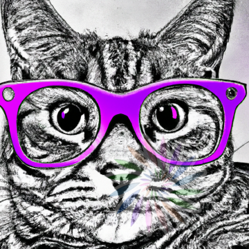 Black and White Drawing of Cat Wearing Purple Glasses-AA