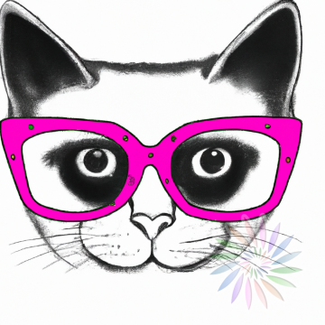 Black and White Drawing of Cat Wearing Pink Glasses - B