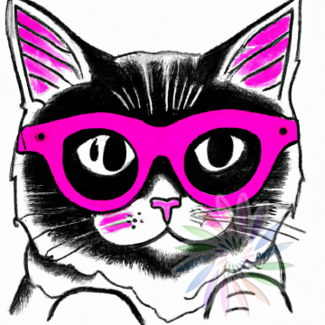 Black and White Drawing of Cat Wearing Pink Glasses-CC