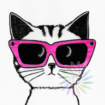 Black and White Drawing of Cat Wearing Pink Glasses-BB