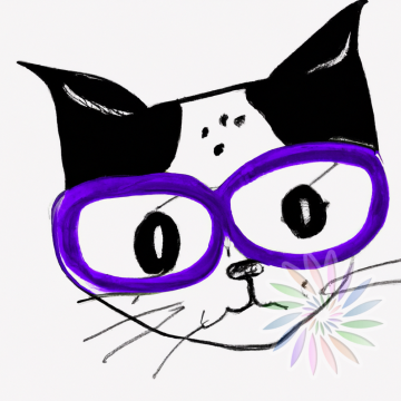 Black and White Drawing of Cat Wearing Purple Glasses-B