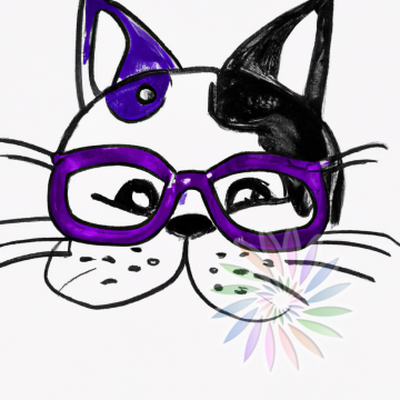Black and White Drawing of Cat Wearing Purple Glasses-D