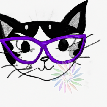 Black and White Drawing of Cat Wearing Purple Glasses-E